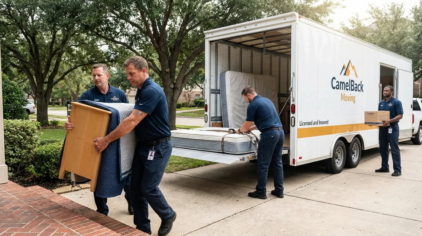 Crew loading residential truck for cross-state move from Wrightwood, CA