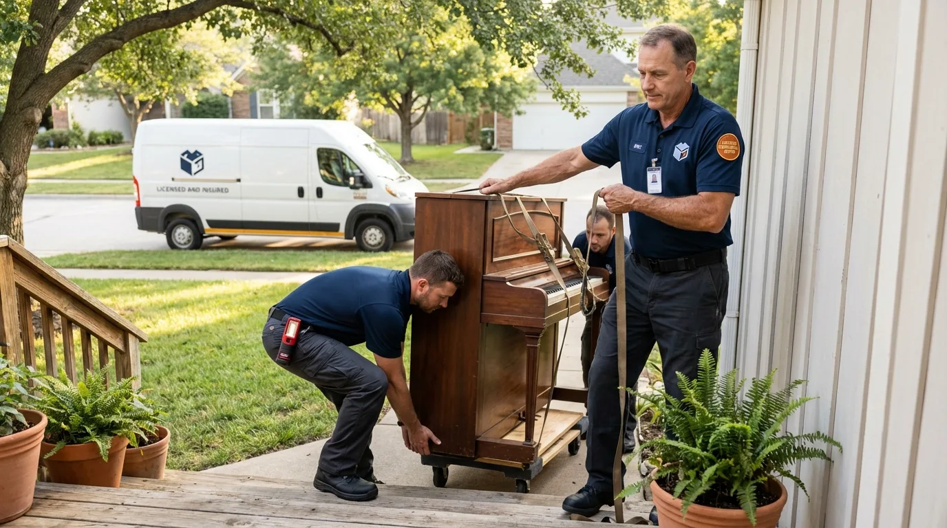 Licensed piano movers securing grand piano in Wrightwood, CA