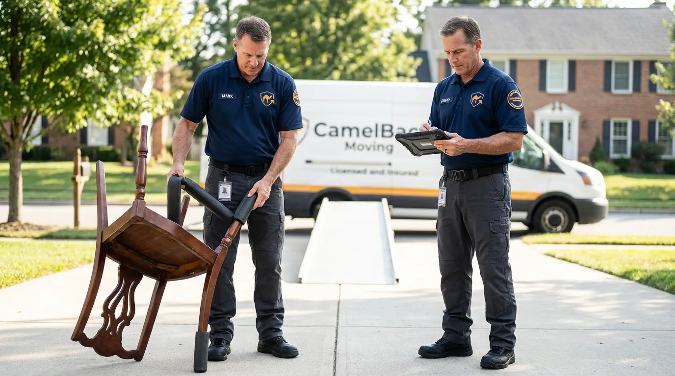 Movers inspecting furniture for damage prevention before loading in Wrightwood, CA