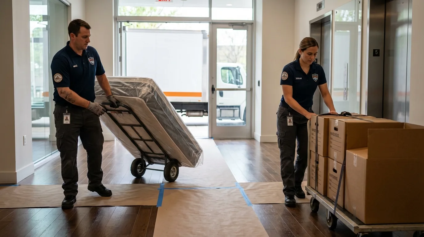 Professional apartment movers loading elevator in Wrightwood, CA