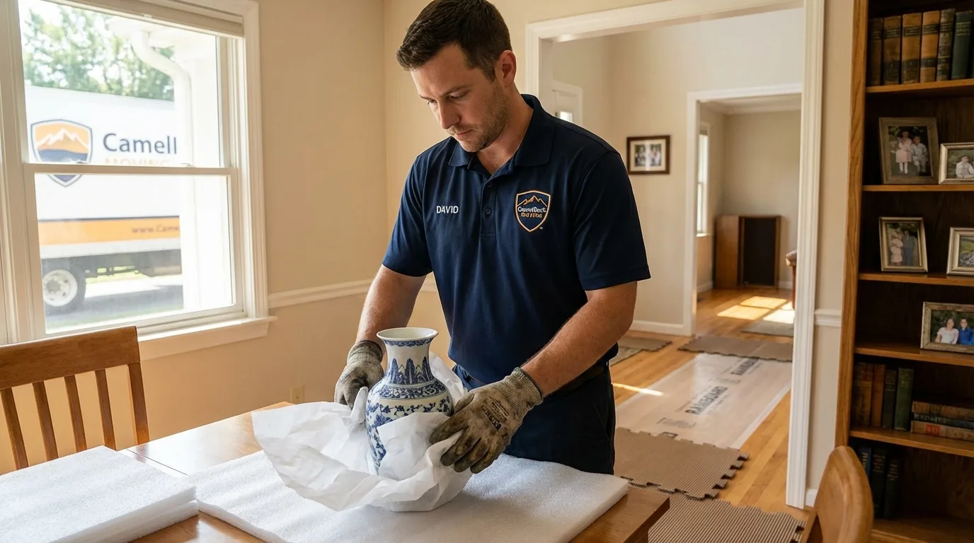 Professional crew carefully wrapping antique vase for senior downsizing move in Wrightwood, CA